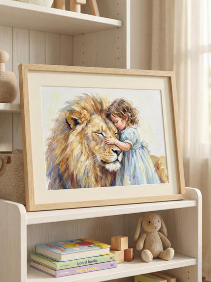 Little Girl Hugging Lion | Watercolour Nusery Print