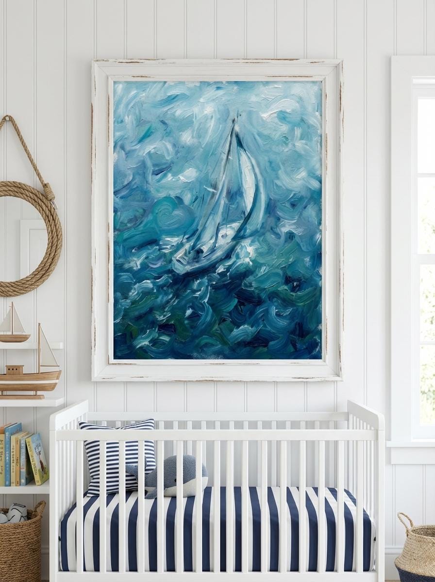 "Riding Solo" Blue Sailboat Oil Painting