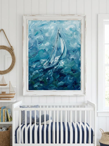"Riding Solo" Blue Sailboat Oil Painting