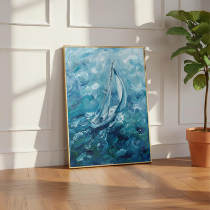 "Riding Solo" Blue Sailboat Oil Painting