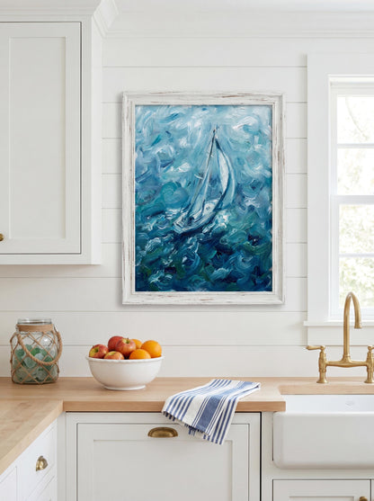 "Riding Solo" Blue Sailboat Oil Painting