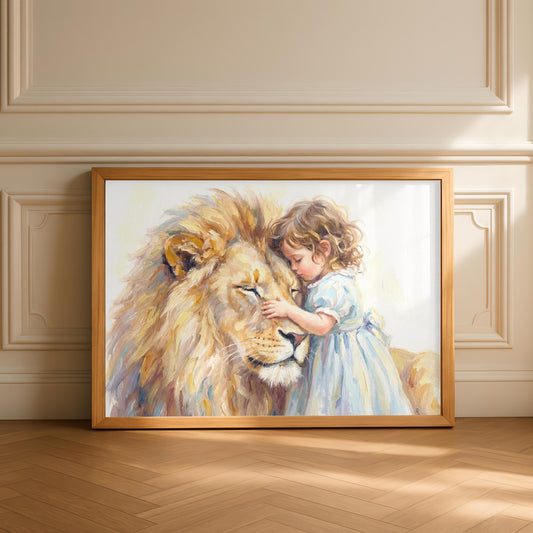 Little Girl Hugging Lion | Watercolour Nusery Print