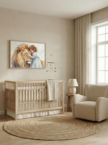 Little Girl Hugging Lion | Watercolour Nusery Print
