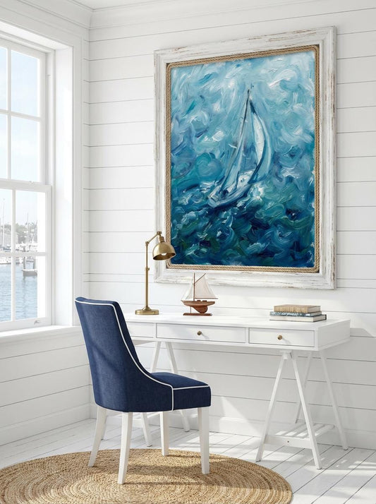 "Riding Solo" Blue Sailboat Oil Painting