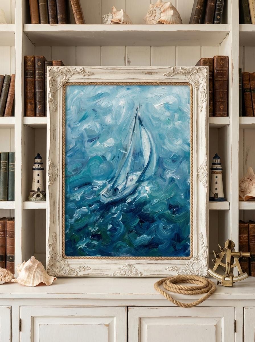 "Riding Solo" Blue Sailboat Oil Painting