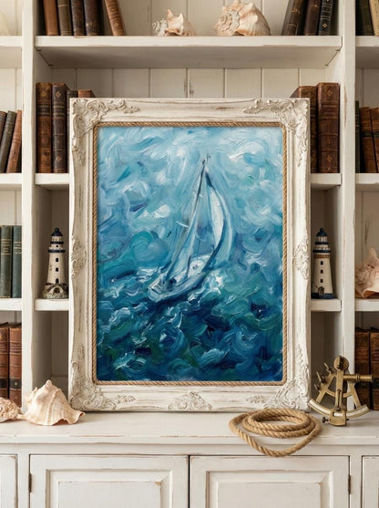 "Riding Solo" Blue Sailboat Oil Painting