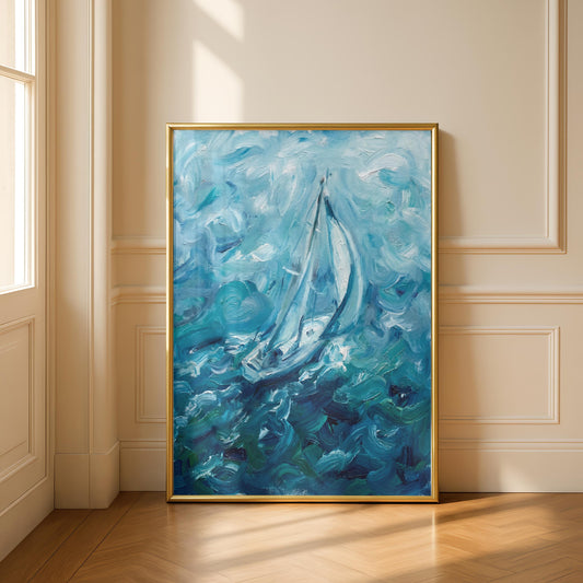 "Riding Solo" Blue Sailboat Oil Painting
