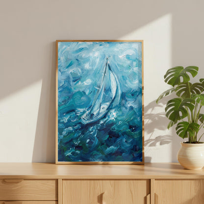 "Riding Solo" Blue Sailboat Oil Painting