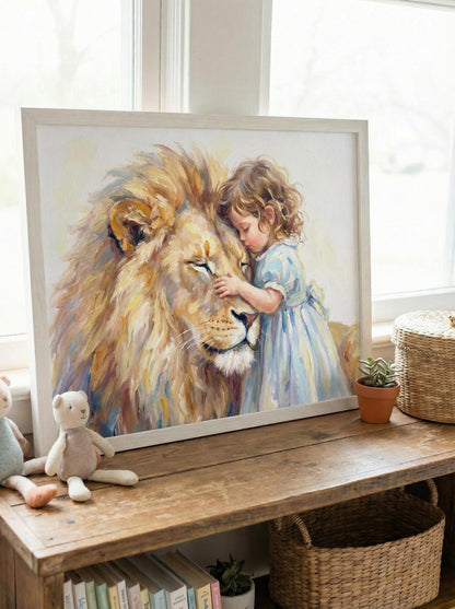 Little Girl Hugging Lion | Watercolour Nusery Print