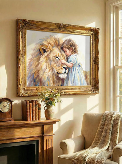 Little Girl Hugging Lion | Watercolour Nusery Print