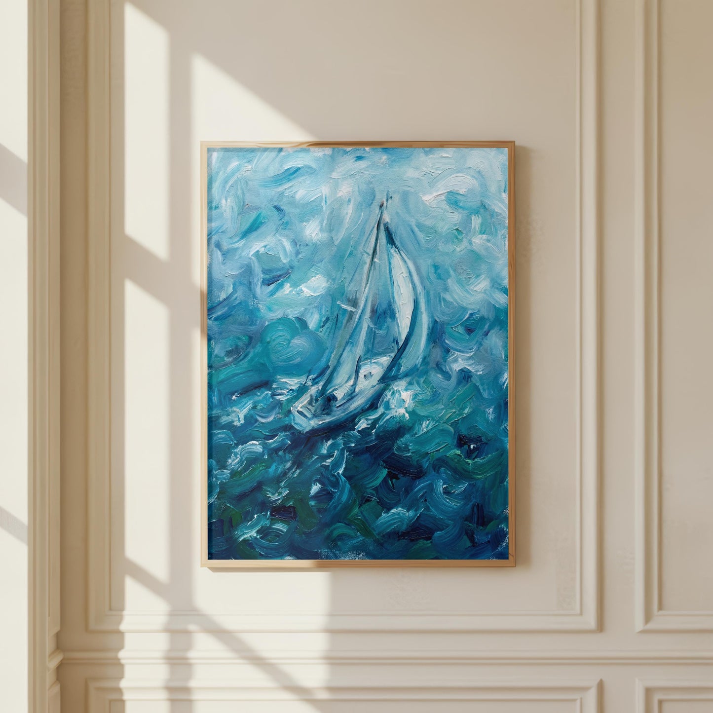 "Riding Solo" Blue Sailboat Oil Painting