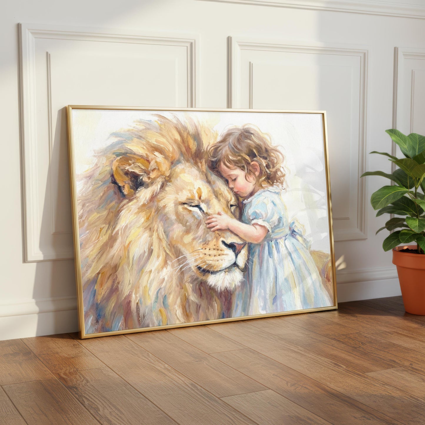 Little Girl Hugging Lion | Watercolour Nusery Print