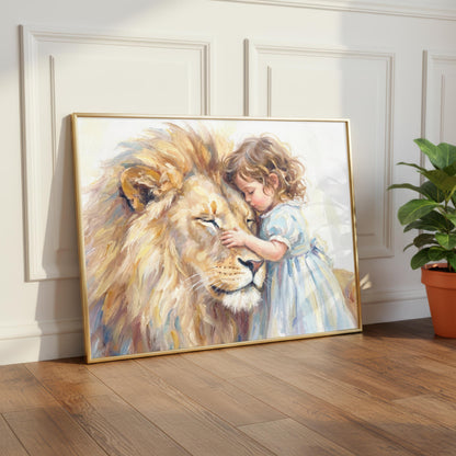 Little Girl Hugging Lion | Watercolour Nusery Print