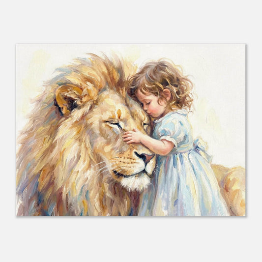 Little Girl Hugging Lion | Watercolour Nusery Print