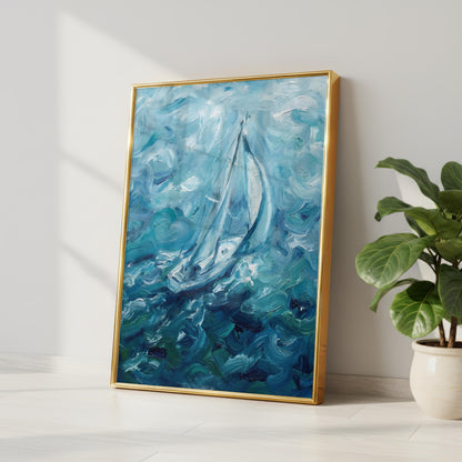 "Riding Solo" Blue Sailboat Oil Painting