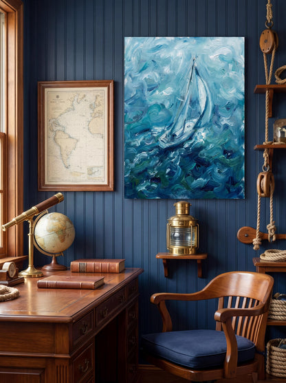 "Riding Solo" Blue Sailboat Oil Painting