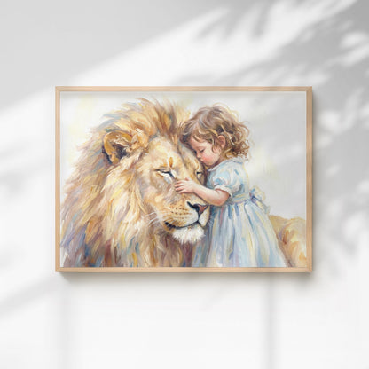 Little Girl Hugging Lion | Watercolour Nusery Print