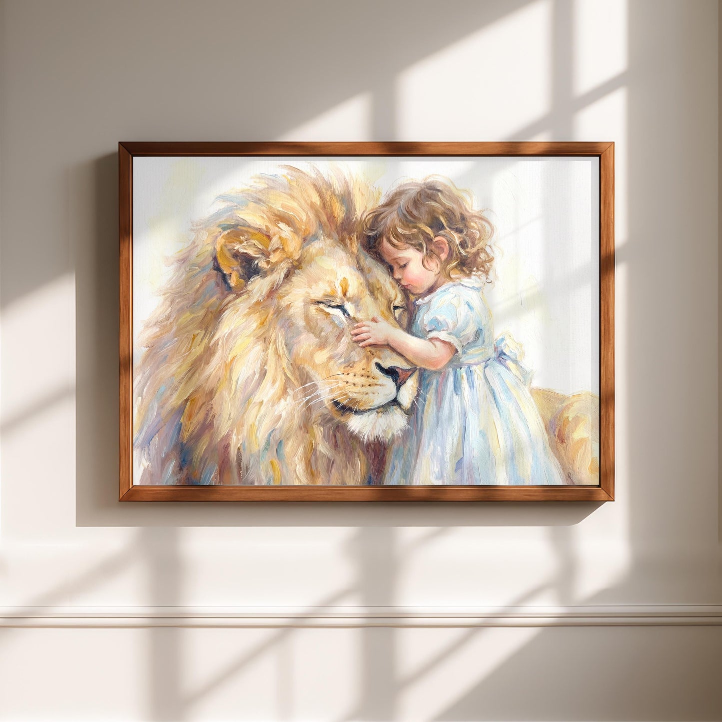 Little Girl Hugging Lion | Watercolour Nusery Print