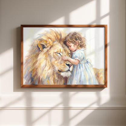 Little Girl Hugging Lion | Watercolour Nusery Print