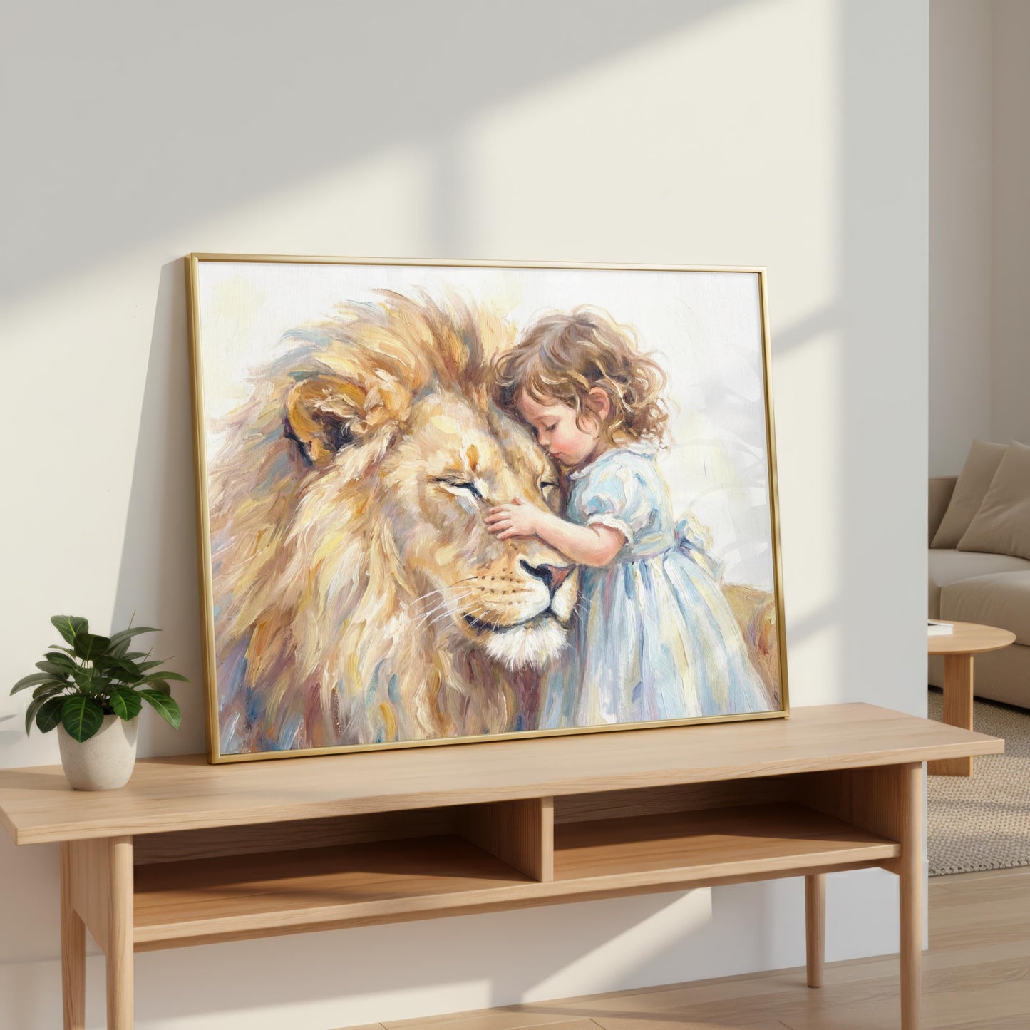 Little Girl Hugging Lion | Watercolour Nusery Print