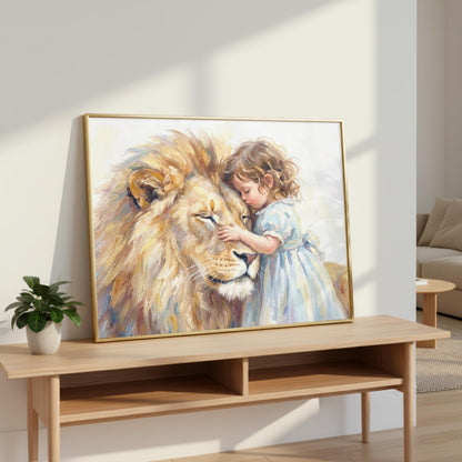 Little Girl Hugging Lion | Watercolour Nusery Print